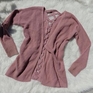 Hippie Rose Mauve Pink Open Front Knit Cardigan with Lattice Back